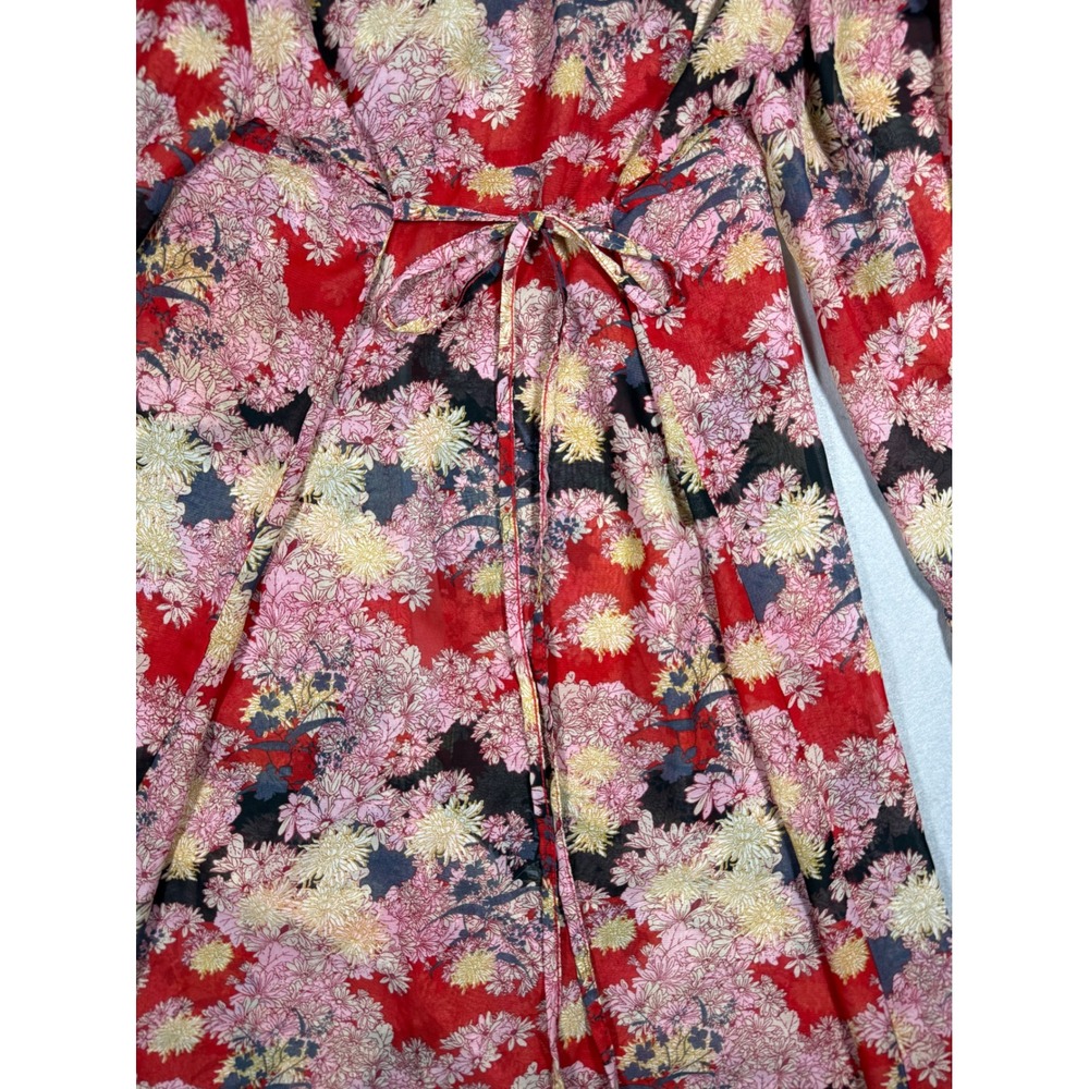 Sheer Whimsy Fairy Boho Feminine Floral Duster Red Pink Ruffle Sleeve S/M - Picture 10 of 16